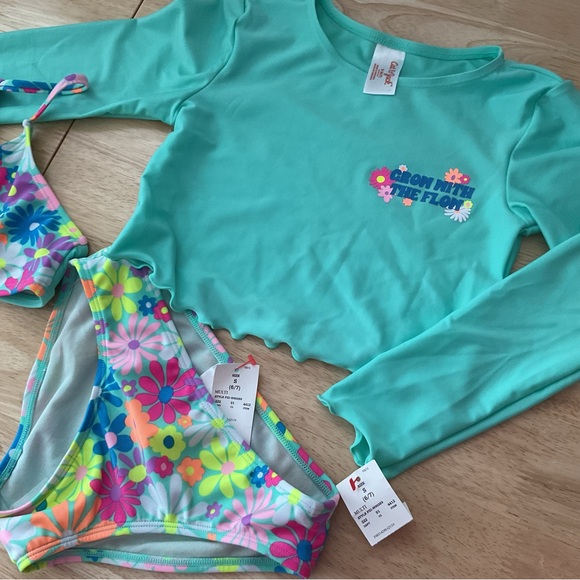 Girls' 3pc Spring Blooms Floral Bikini Swimsuit Set Rash Guard Cat & Jack S 5/6 - Picture 2 of 7
